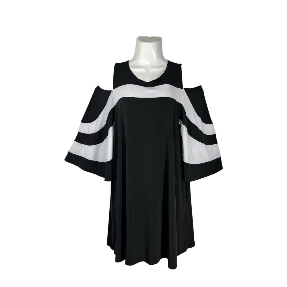 Nina Leonard Womens Dress Cold Shoulder Striped Short Bell Sleeve Black White L